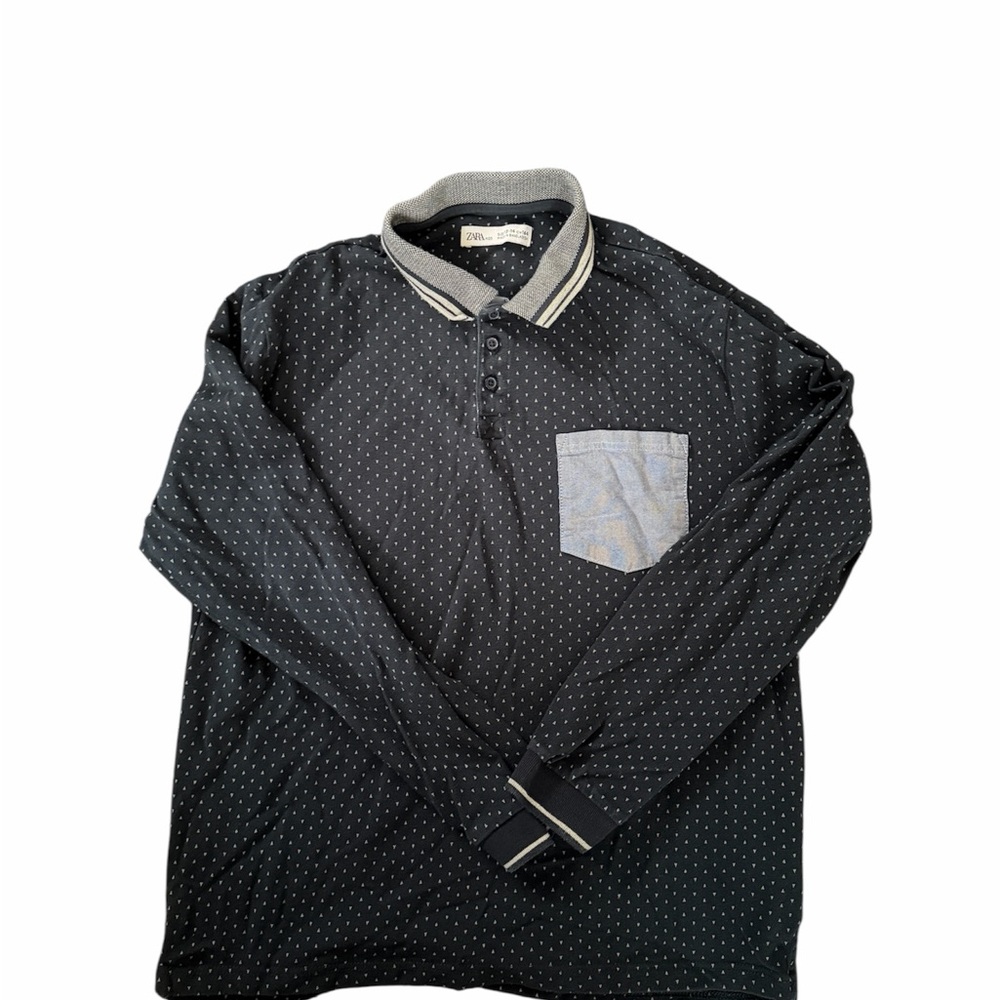 Navy Blue Long Sleeve Polo with Contrast Pocket Tiny Triangle Pattern Cotton